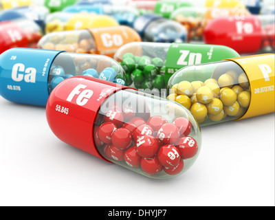 Dietary supplements. Variety pills. Vitamin capsules. 3d Stock Photo