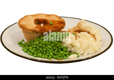 Hot Dinner Of meat Pie Mashed Potatoes and Peas on a Plate Stock Photo