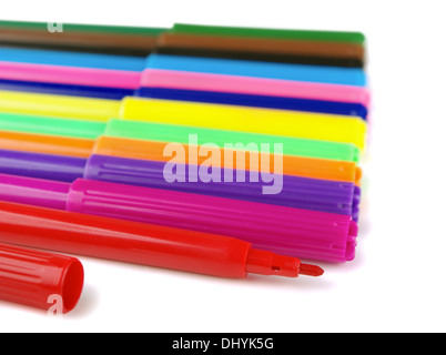 Row of felt pens on a white background Stock Photo