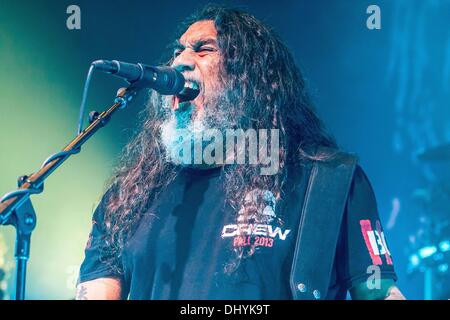 Detroit, Michigan, USA. 16th Nov, 2013. Lead Singer and Bassist TOM ARAYA of SLAYER performing on their North American Tour at The Fillmore in Detroit. Credit:  Marc Nader/ZUMAPRESS.com/Alamy Live News Stock Photo