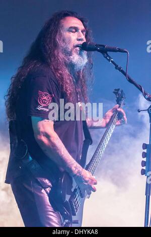 Detroit, Michigan, USA. 16th Nov, 2013. Lead Singer and Bassist TOM ARAYA of SLAYER performing on their North American Tour at The Fillmore in Detroit, MI on November 16th 2013 Stock Photo