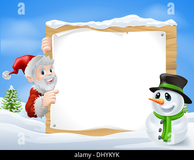 Santa and cartoon snowman sign with cute Santa and snowman characters in a winter snow scene Stock Photo
