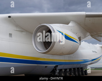 Ivchenko Progress D-18T turbofan engines on Antonov An-225 Mriya. Part of the wing and 7 double-wheels can be seen. Stock Photo