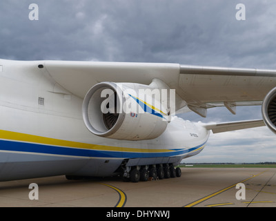 Ivchenko Progress D-18T turbofan engines on Antonov An-225 Mriya. Part of the wing and 7 double-wheels can be seen. Stock Photo