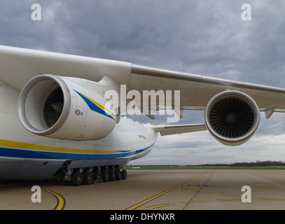 Ivchenko Progress D-18T turbofan engines on Antonov An-225 Mriya. Part of the wing and 7 double-wheels can be seen. Stock Photo