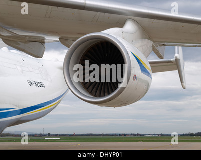 Ivchenko Progress D-18T turbofan engine on Antonov An-225 Mriya airplane on Pleso, Zagreb Croatia airport. Stock Photo