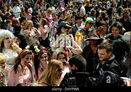 Crowd of Zombies attacking zombie-killers in the inaugural Zombie Walk, Perth, Western Australia Stock Photo