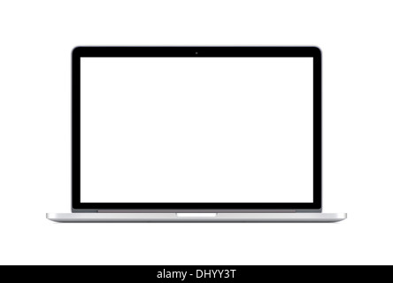 Directly front view of a modern laptop with a white screen isolated on white background. High quality. Stock Photo