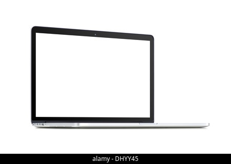 Front view of a rotated at a slight angle modern laptop with blank screenisolated on white background. High quality. Stock Photo
