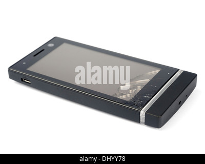 Broken mobile phone with shattered glass screen isolated on white background Stock Photo