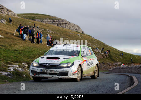 Llandudno, Wales. 17th Nov, 2013. Andrea Smiderle and Simone Scattolin of Italy (ITA) drive their privateer Subaru Impreza R4 on the Great Orme stage (SS22) during Day 4 of Wales Rally GB, the final round of the 2013 FIA Word Rally Championship. Credit:  Action Plus Sports/Alamy Live News Stock Photo