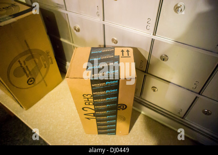 A package from Amazon prime, delivered by the USPS, sits in front of an apartment building's mailboxes Stock Photo
