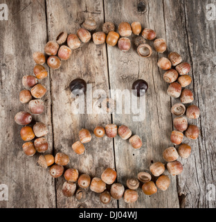 Sad face of acorns on a wooden background Stock Photo
