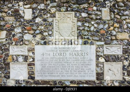 George Robert Canning Harris, 4th Lord Harris Memorial. On the wall of the cloistered Garden at Canterbury Cathedral. Stock Photo