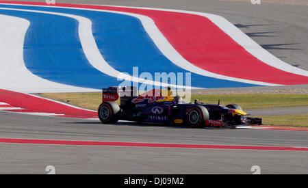 Driver Sebastian Vettel of Red Bull corners during the Formula 1 United States Grand Prix at the Circuit of the Americas track near Austin, TX Stock Photo