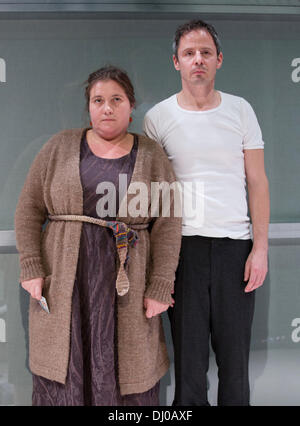 Hamburg, Germany. 13th Nov, 2013. The actors Bettina Stucky (L) and Matthias Bundschuh perform onstage during a photo rehearsal of the play 'Nach Europa' ('To Europe') at the Schauspielhaus in Hamburg, Germany, 13 November 2013. The theatre play 'To Europe', which is based on the novel 'Three Strong Women' by Marie NDiaye, premiered on 17 November 2013 under die direction of Friederike Heller. Photo: Christian Charisius/dpa/Alamy Live News Stock Photo