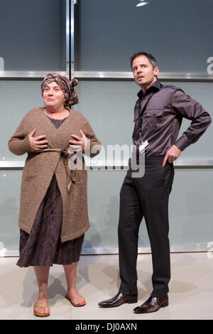 Hamburg, Germany. 13th Nov, 2013. The actors Bettina Stucky (L) and Matthias Bundschuh perform onstage during a photo rehearsal of the play 'Nach Europa' ('To Europe') at the Schauspielhaus in Hamburg, Germany, 13 November 2013. The theatre play 'To Europe', which is based on the novel 'Three Strong Women' by Marie NDiaye, premiered on 17 November 2013 under die direction of Friederike Heller. Photo: Christian Charisius/dpa/Alamy Live News Stock Photo