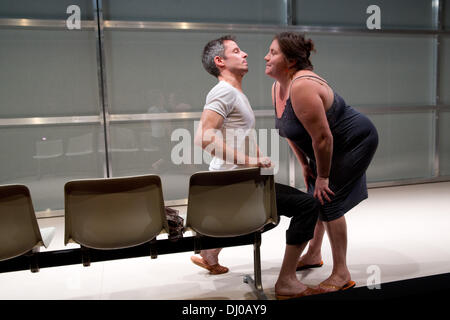 Hamburg, Germany. 13th Nov, 2013. The actors Bettina Stucky (R) and Matthias Bundschuh perform onstage during a photo rehearsal of the play 'Nach Europa' ('To Europe') at the Schauspielhaus in Hamburg, Germany, 13 November 2013. The theatre play 'To Europe', which is based on the novel 'Three Strong Women' by Marie NDiaye, premiered on 17 November 2013 under die direction of Friederike Heller. Photo: Christian Charisius/dpa/Alamy Live News Stock Photo