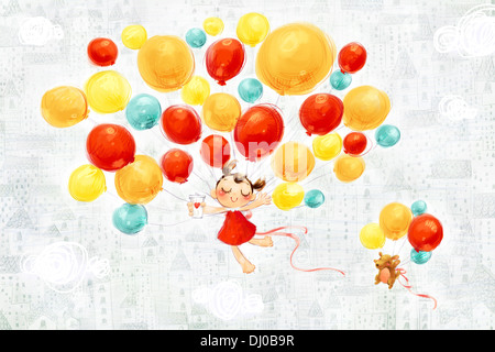Little girl and puppy flying in the sky with balloons Stock Photo - Alamy