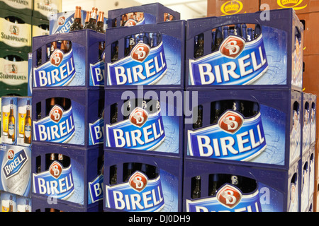 Shopping in department stores, shops and supermarkets, non-alcoholic Czech beer Birell crate sign store, Czech Republic Stock Photo