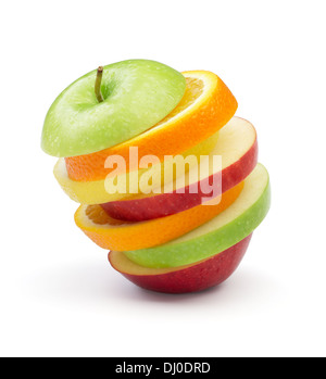 various type of fruits in slices stacked on white background Stock Photo