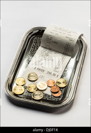 Restaurant till receipt with Euro coins on cash tray Stock Photo