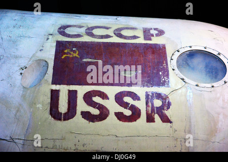 USSR name detail on the Soyuz capsule on display at the National Space Centre, Leicester, UK. It is one of only two Soyuz capsules on display in the West. Stock Photo