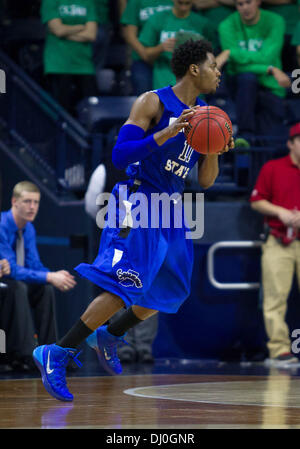 South Bend, Indiana, USA. 17th Nov, 2013. November 17, 2013: Indiana State guard Devonte Brown (11) during NCAA Basketball game action between the Notre Dame Fighting Irish and the Indiana State Sycamores at Purcell Pavilion at the Joyce Center in South Bend, Indiana. Indiana State defeated Notre Dame 83-70. © csm/Alamy Live News Stock Photo