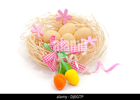 Easter greeting card with eggs in the nest Stock Photo