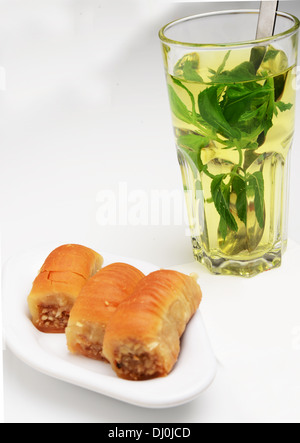 Mint tea and baklava Mideastern dessert Stock Photo