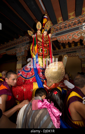 Bhutan, Thimpu Dzong, annual Tsechu, monks preparing Shinje Chhogyel the lord of death Stock Photo