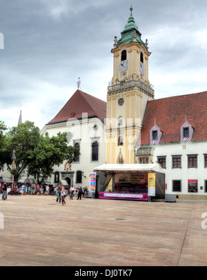 Hlavne namesti, main square, old city hall clock tower, Bratislava, Slovakia Stock Photo