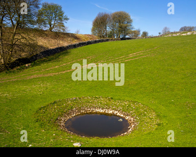 Dew pond used to supply drinking water to livestock on a farm near Hartington in the Peak District Derbyshire England UK Stock Photo