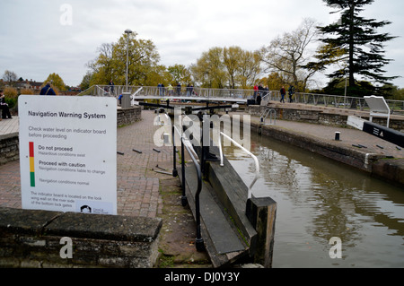 Navigation warning system information sign beside a lock at Stratfod upon Avon Stock Photo