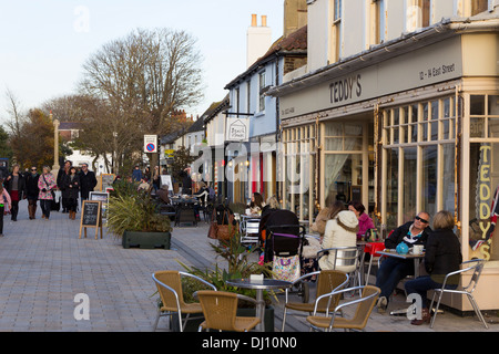 Shoreham-by-Sea, West Sussex, UK - 16 November 2013: Shps and cafes on the pedestrianised East Street in the town centre Stock Photo