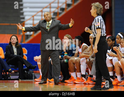 Syracuse, New York, USA. 18th Nov, 2013. November 18, 2013: Syracuse Orange head coach Quentin Hillsman reacts to an officials call during the first half of an NCAA Women's Basketball game between the Cornell Big Red and the Syracuse Orange at the Carrier Dome in Syracuse, New York. Rich Barnes/CSM/Alamy Live News Stock Photo