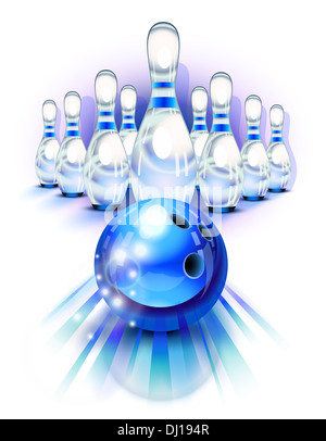 Blue bowling ball in motion in front of the pins Stock Photo