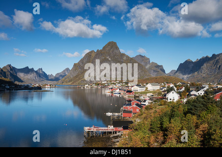 View of small fishing village of Reine on sunny autumn day, Moskenesoy, Lofoten Islands, Norway Stock Photo