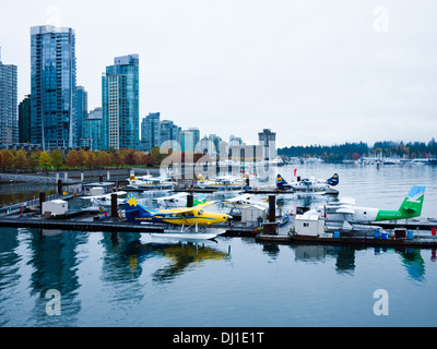 A view of seaplanes moored at Vancouver Harbour Water Airport (CXH), also known as Vancouver Harbour Flight Centre. Stock Photo