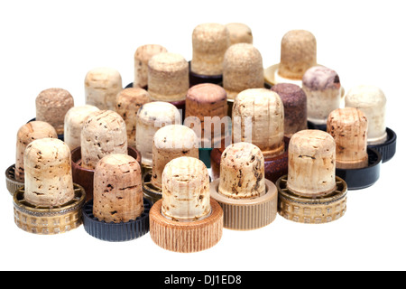 many used corks from alcoholic spirits isolated on white background Stock Photo