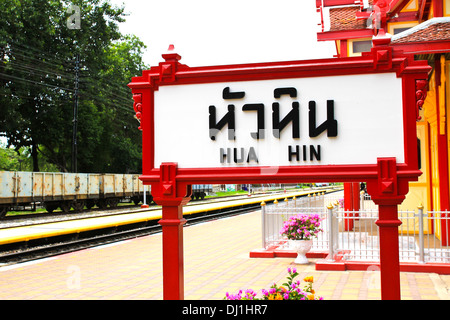 Hua Hin railway station signs board Stock Photo