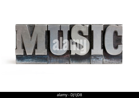 Isolated printers blocks letters forming the word music. Stock Photo