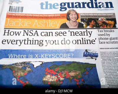 'How NSA can see 'nearly everything you do online' ' front page of the Guardian newspaper London 1 August 2013 Stock Photo