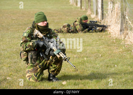 Two camouflaged soldiers with their automatic weapons during a training of special forces on a cold day in the open field Stock Photo