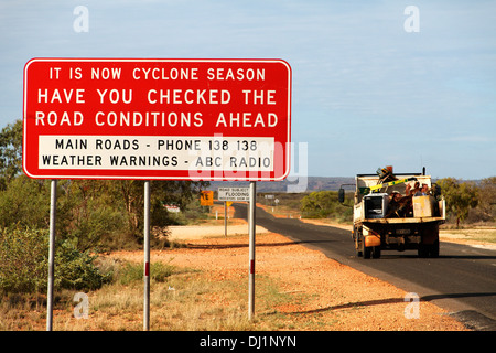 Cyclone season road warning sign, Exmouth Western Australia Stock Photo
