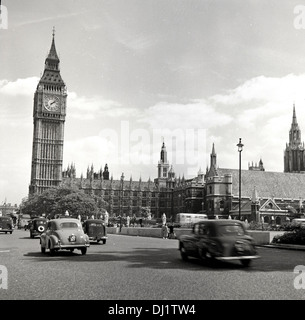 1950s and an historical picture showing Big Ben, the clock tower next to the British Houses of Parliament, London, England. Stock Photo
