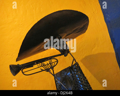 A sculpture of a skeleton playing the trumpet made for the Day of the Dead or Día de Muertos holiday in Mexico. Stock Photo