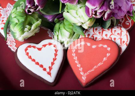 Gingerbread heart and tulips Stock Photo