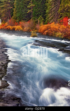 Central Oregon's Wild and Scenic Metolius River rushes over Wizard Falls  in the Deschutes National Forest. Stock Photo