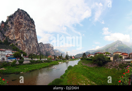 Panoramic view of Arco, Trentino, North-Italy, it is located at the end of the Sarca River valley which flows into Garda Lake. Stock Photo